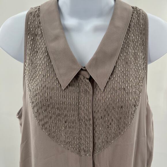 Rory Beca Tan Silk Beaded Bodice Sheer Sleeveless Collared Blouse Women Sz S - Picture 4 of 8